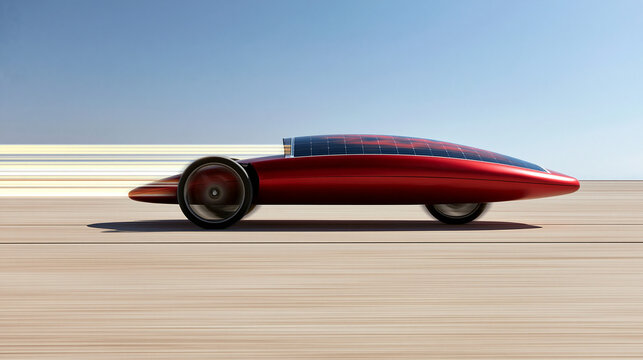 Red Futuristic Solar Powered Car Speeding Across Desert