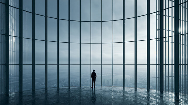 Businessman Standing Before Massive Glass Window Overlooking City Skyline