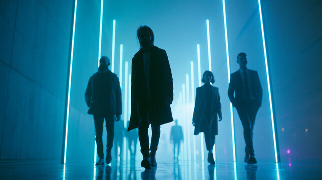 Group of Modern Innovators Walking in Futuristic Illuminated Corridor