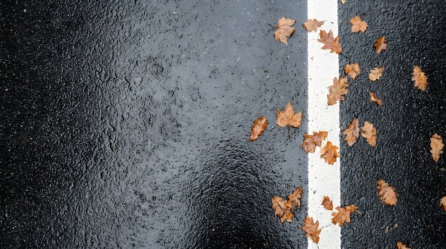 Wet asphalt roadway texture featuring white lane divider line wet dark pavement with central white boundary marking and scattered dried autumn leaf litter backdrop  Wet asphalt roadway texture