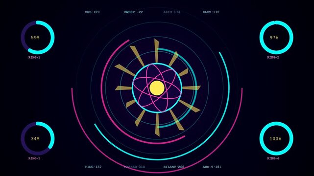A digital signal shielding overlay displays complex rotating circular nodes and glowing atomic structures for advanced navigation systems within a dark virtual computer interface environment