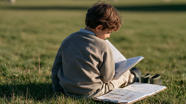 A child sits in a quiet rural meadow flipping through a vintage car rally concours program booklet, the organizing consultant's clipboard and color-coded event schedule resting