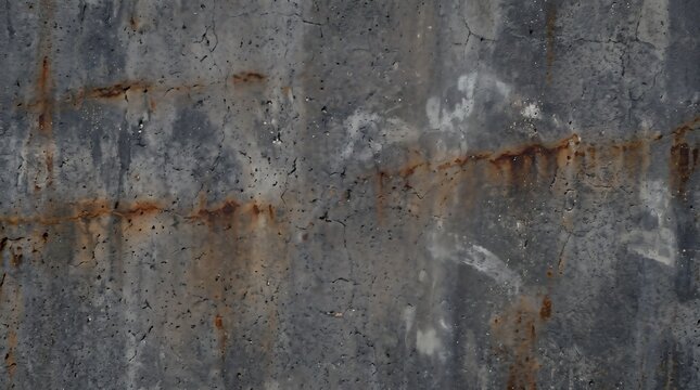 Grungy grey concrete wall texture with deep orange rusted metal corrosion streaks, concrete