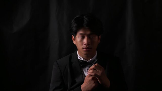 Nervous mobster in a tuxedo hides in the shadows holding a handgun, looking paranoid and scared. Concept of being targeted by a rival gang, mafia war, and hunted assassin.
