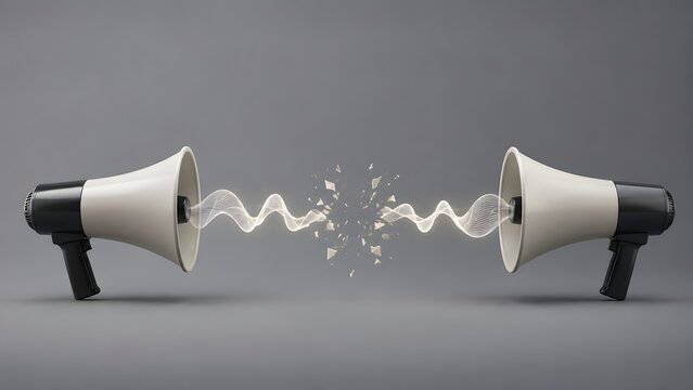 Communication conflict concept with two megaphones broadcasting sound waves that shatter and collide in the middle