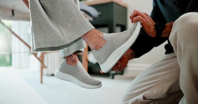 Physio, stretching and old woman foot in clinic with ankle injury, rehabilitation and check mobility. Physical therapist, senior person and help with feet pain, healthcare and checkup for wellness.