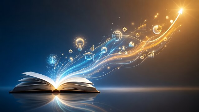 Open book with glowing digital light streams and educational icons showing creative learning and knowledge growth