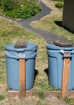 DIY, do it yourself, animal and wind proofed garbage cans, plastic trash bins reinforced with wood boards outdoors in a public park
