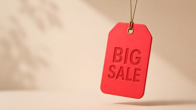 Hanging red 3D shopping tag with big sale text for retail promotions and discount advertising campaigns