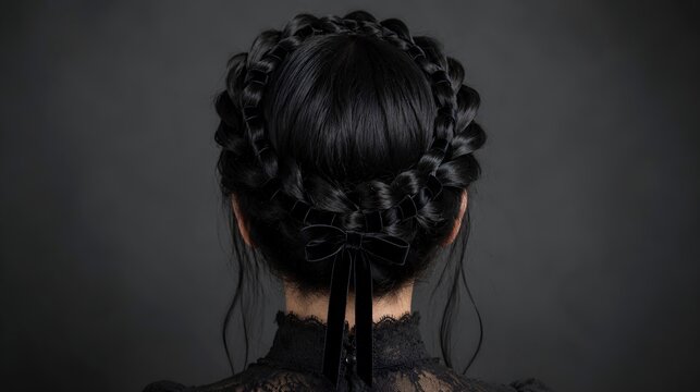 Back view of a gothic braided crown hairstyle with dark velvet ribbon