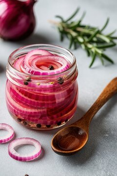 Red onion rings preserved in brine inside glass jar with wooden spoon. A homemade appetizer or condiment for burgers, salads, and tacos. Healthy fermented food with spices. Fresh rosemary garnish.