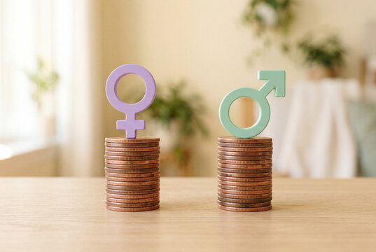 Stacks of copper coins with male and female symbols representing the gender pay gap