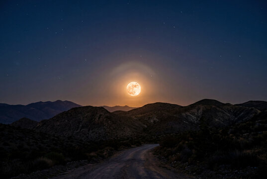 Luminous supermoon rising over dark desert mountain landscape