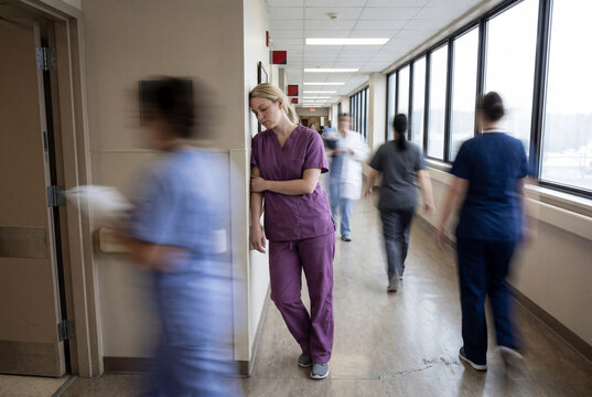 Exhausted nurse leaning against hospital corridor wall with blurred motion
