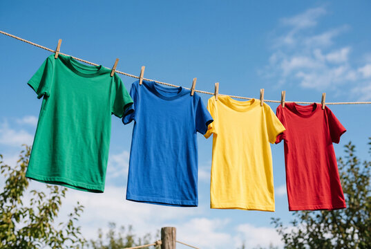 Colorful blank t shirts hanging on clothesline against blue sky