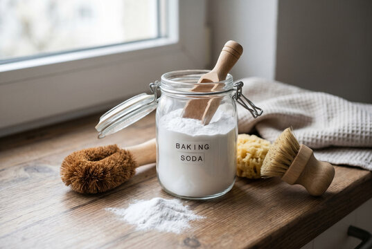Glass jar of baking soda and cleaning brushes on wooden table