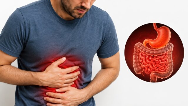  um homem com dor abdominal segurando a barriga, com ilustra&ccedil;&atilde;o anat&ocirc;mica 3D do sistema digestivo (est&ocirc;mago e intestinos) destacada em vermelho. Conceito m&eacute;dico de gastrite e indigest&atilde;o