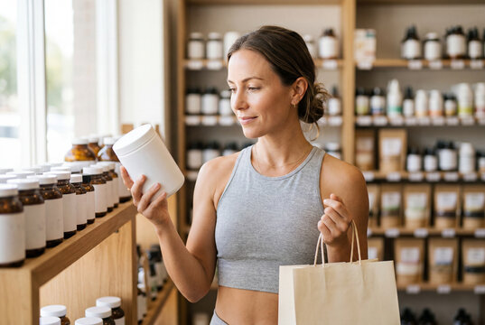 Woman in activewear looks at a white supplement jar in a store
