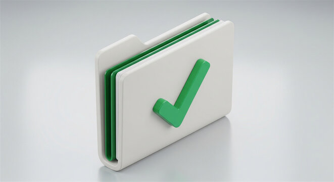 Minimalist 3D file folder icon with green checkmark, approved document folder concept, digital data storage and organization