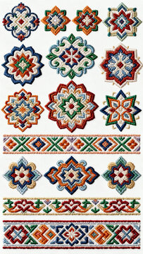 Comprehensive set of traditional ethnic embroidery patches and border trims with colorful geometric and floral motifs isolated on white background