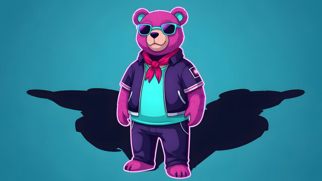 Cool Pink Bear Wearing Sunglasses and Scarf, Standing with Shadow
