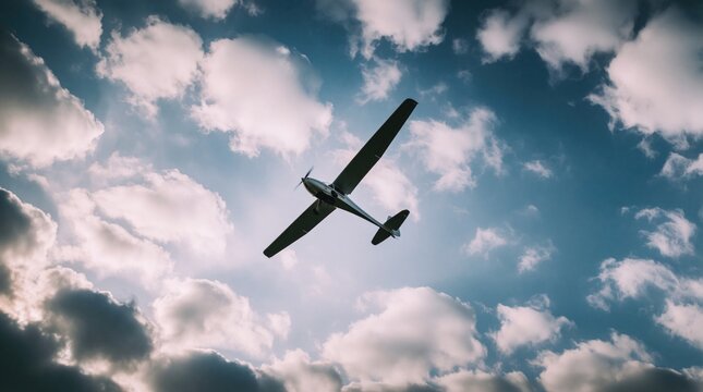 Motorized glider aircraft flies high in cloudy blue sky. Small plane with propeller navigates air space during sunny day. Silhouette of aviation vehicle wings spreads above ground level. Aerial