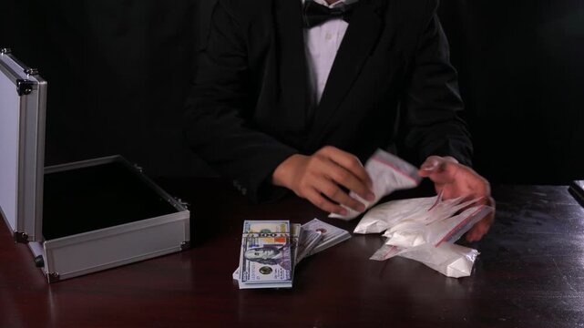 Unrecognizable man in a tuxedo opens a silver briefcase next to cash and bags of illegal white powder. Concept of narcotics trafficking, drug cartels, and organized crime underworld deals.
