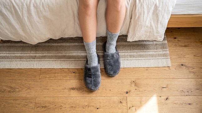 Relaxing morning routine Woman's feet in cozy slippers by her bedroom bed