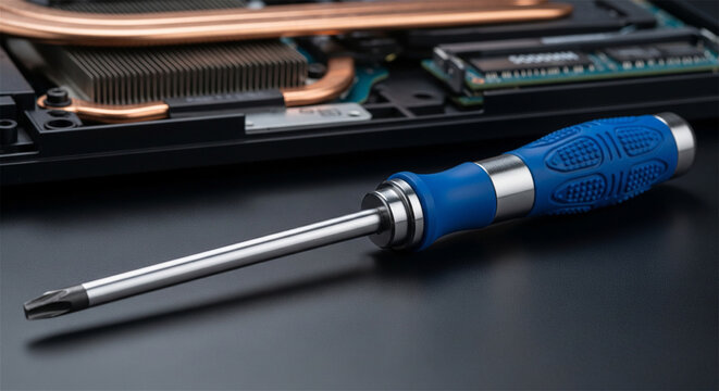 Precision screwdriver on workbench, laptop hardware repair process, computer maintenance and upgrade concept