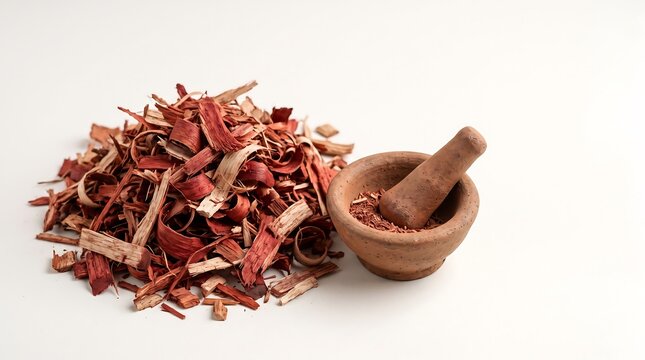 Dry medicinal tree bark chips with mortar and pestle