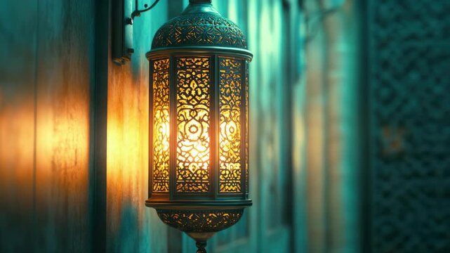A delicate Moroccan lantern with intricate designs casts a warm glow on the cobblestone street.