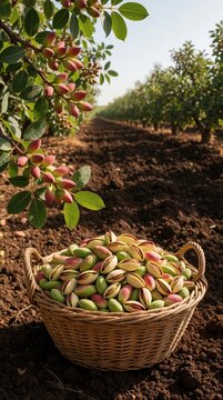 Harvested pistachios fill woven basket in sunlit grove orchard. Fresh nuts on tree branch above rich soil ready for processing. Healthy food crop from farm.