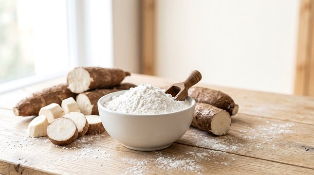 Fresh Cassava Root and Organic Tapioca Starch in a Bowl