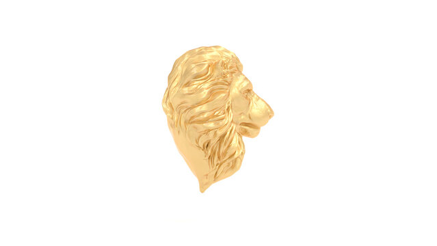 Gold Lion Bust Statue Polished Detailed Mane Isolated Right View 3D Illustration