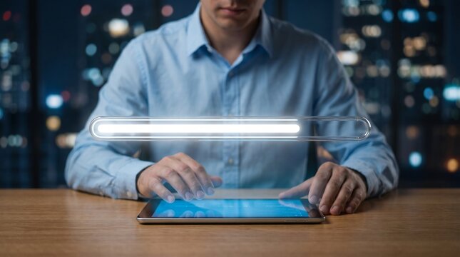 Man uses tablet with progress bar overlay showing data analysis and loading process.