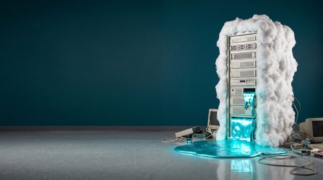 Leaking server rack covered in clouds symbolizing data cloud computing failure or issue.