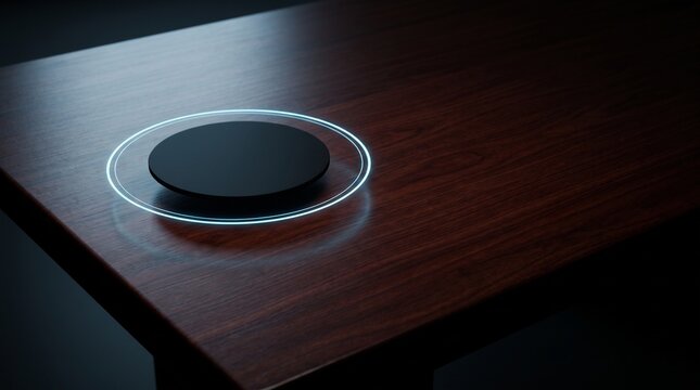 Minimalist black circular surface on wooden table with neon blue circular light effects.