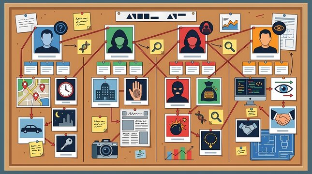 Criminal investigation evidence board with suspect photos and crime scene clues.