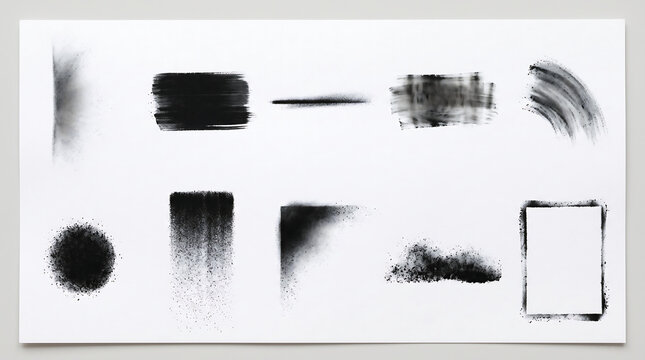 Set of black grunge brush strokes ink textures graphite pencil marks and frames isolated on white background