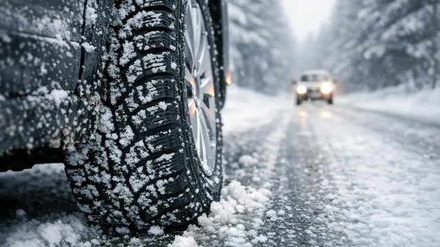 The shows a car with its front tire partially covered in snow while driving down a snow-covered road. The background reveals additional cars and more snow on the ground.