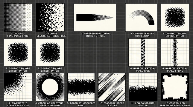 Professional grayscale halftone dither patterns for digital masking and graphic design textures