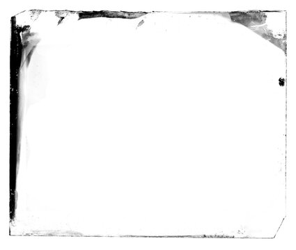 Antique glass plate negative overlay with chemical burns, emulsion damage, scratches, and vintage photo borders. Isolated PNG.