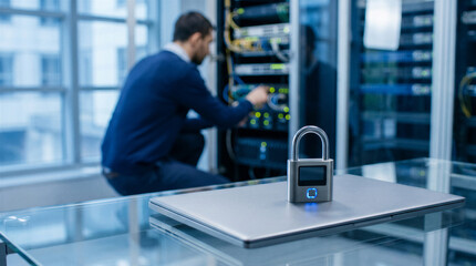 Fototapeta premium It professional working in a server room with a smart padlock on a laptop in the foreground, symbolizing cybersecurity and data protection