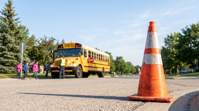 School bus stop with children crossing the street, supervised by a crossing guard, with a traffic cone in the foreground on a sunny day