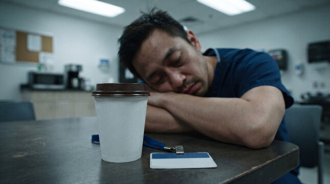 Exhausted asian male nurse sleeping on a break room table with a coffee cup and id badge in a hospital setting after a long night shift