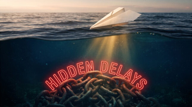 A paper airplane floating on the ocean surface with a heavy rusted anchor chain underwater illuminated by a neon sign reading hidden delays