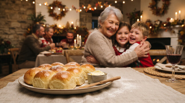 A grandmother embracing her two grandchildren at a festive family dinner table with bread rolls and wine in the foreground