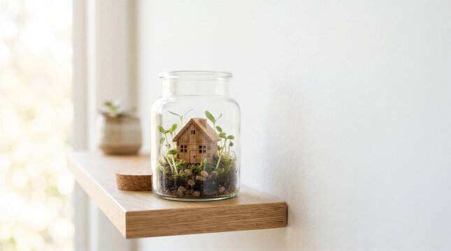 A miniature wooden house inside a glass jar terrarium with small green sprouts and soil on a wooden shelf against a white wall