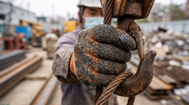 Closeup of a construction worker wearing a hard hat and face mask holding a heavyduty crane hook with a wire rope at a job site