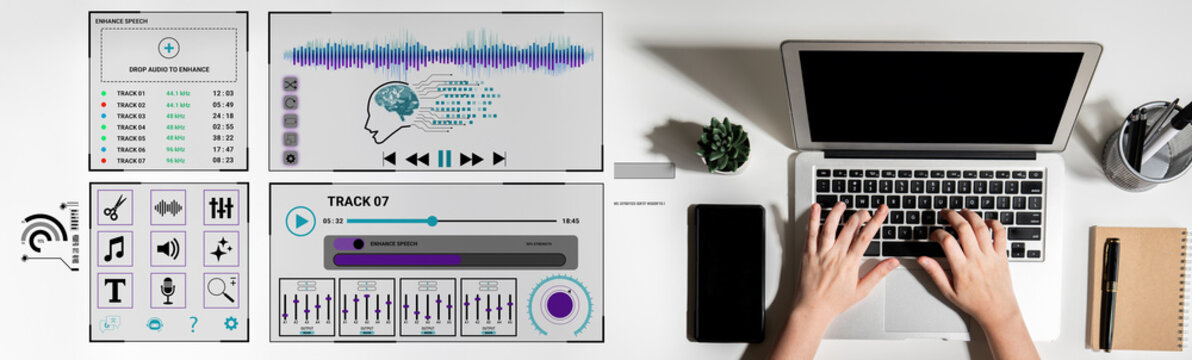 Modern Workspace with Digital Audio Editing Interface and Laptop on Desk Surrounded by Office Supplies and Creative Elements for Professionals. Sentient.